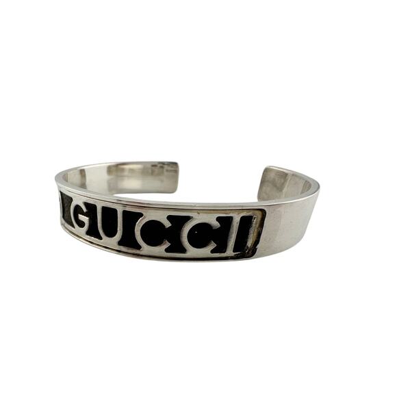 Gucci Black Leather GG Logo Sterling Silver Bangle Bracelet - Vintage! - Picture 6 of 9